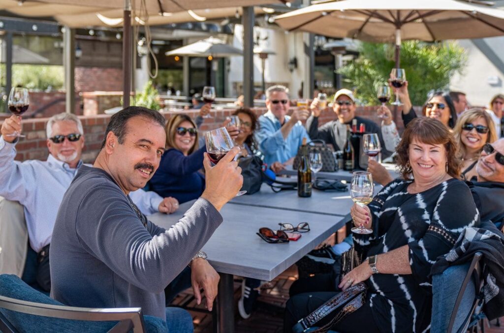 A group photo of several smiling guests attending a Temecula wine tour and raising their glasses of various Leoness Cellars varietals to one another in celebration
